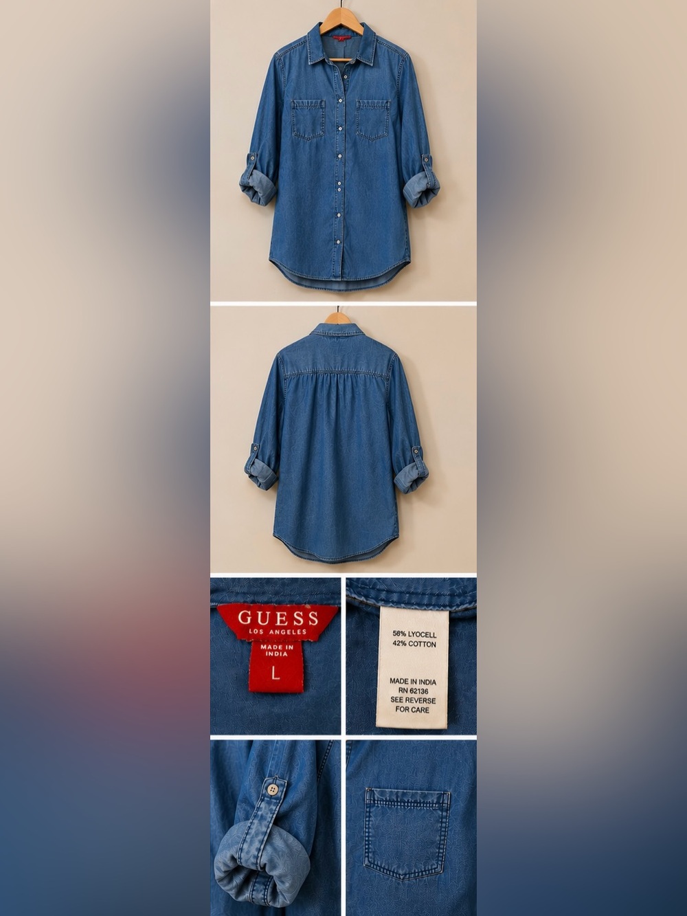 GUESS Los Angeles Chambray Shirt Dress Women’s Large Blue Denim Mini Dress - Picture 2 of 7
